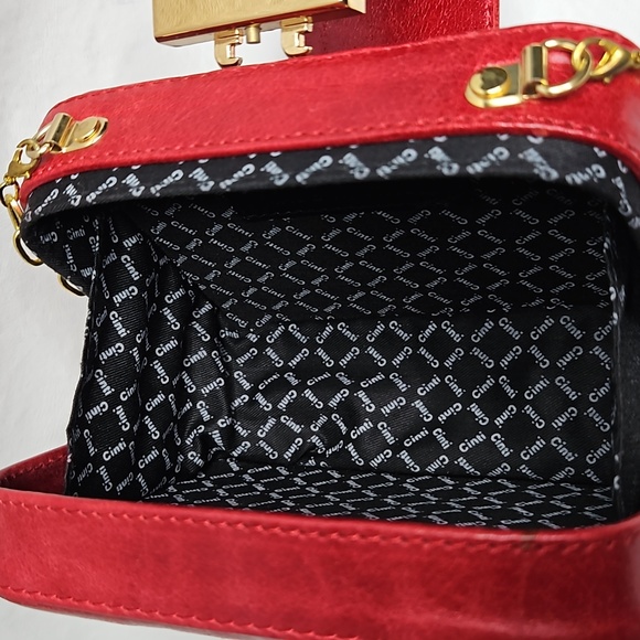 Cinti Red Leather Square Long Gold Chain Crossbody Bag With Lock and Key - Picture 12 of 16